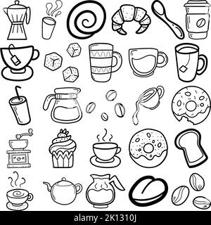 Coffee Hand Drawn Doodle Line Art Outline Set Containing caffeine, cappuccino, espresso, brew, decaf, decoction, demitasse, ink, java, mocha, mud Stock Vector