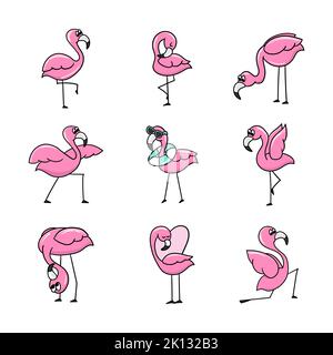 Set of flamingos. Cute pink flamingo bird. Set of stickers for design. Isolated on white background. Bright pictures with a thick outline Stock Vector