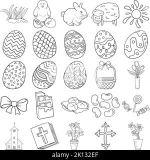 Easter Hand Drawn Doodle Line Art Outline Set Containing Easter eggs, Patterns, Candies, Chick, Bunny, Bow, Lamb, Sun, Tulips, Chocolate Stock Vector