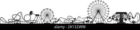 Amusement park panorama. Black line attraction icons Stock Vector