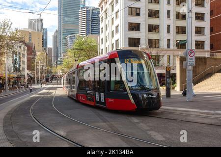 A light rail tram in Sydney on George street heading south Stock Photo