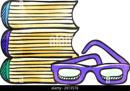 Books and glasses icon in watercolor style. Stock Vector