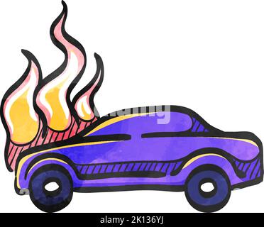 Car on fire icon in watercolor style. Stock Vector