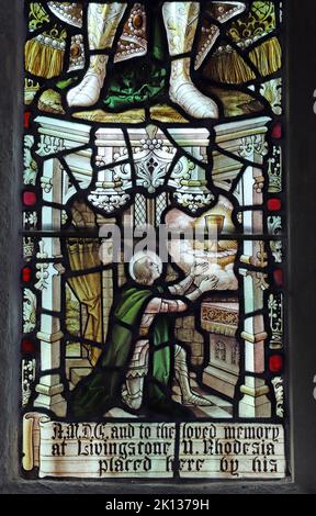 Stained glass window by Percy Bacon depicting Sir Galahad and the Vision of the Holy Grail, St Lalluwy's Church, Menheniot, Cornwall Stock Photo