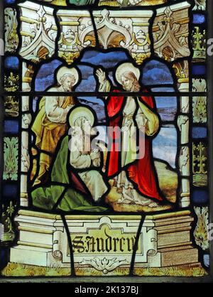 Stained glass window by Percy Bacon depicting Jesus calling Andrew to ministry, St Lalluwy's Church, Menheniot, Cornwall Stock Photo