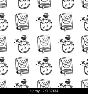 Halloween witchcraft seamless pattern. Vector illustration of doodle spell book, poison bottle, magic witchcraft occult symbol for web and textile Stock Vector