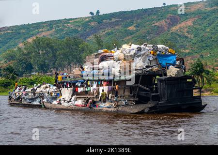 Overloaded riverboat on the Congo River, Democratic Republic of the Congo, Africa Stock Photo