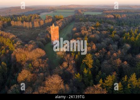 Aerial view of King Alfred's Tower, a folly near Stourhead, in winter, Somerset, England, United Kingdom, Europe