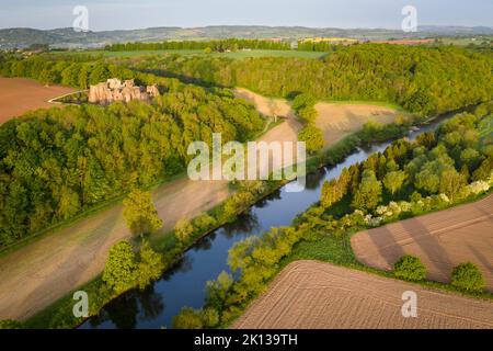 Aerial view of Goodrich Castle and the River Wye near Ross on Wye, Herefordshire, England, United Kingdom, Europe Stock Photo