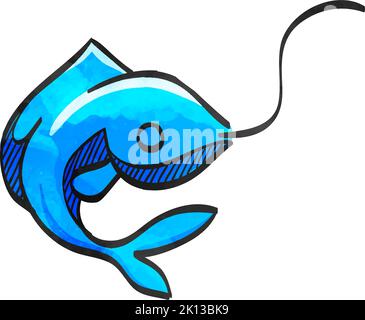 Hooked fish icon in watercolor style. Stock Vector