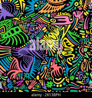 Funky psychedelic seamless pattern with amazing rainbow doodles style ornaments. Bizarre simples bright background. Stock Vector