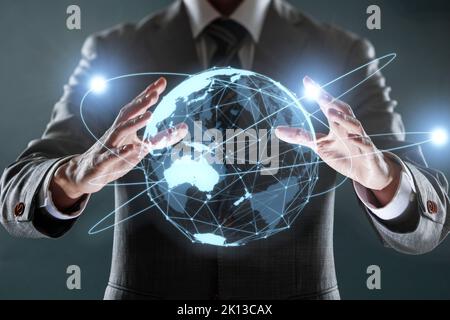 Japanese businessman with CGI world map Stock Photo