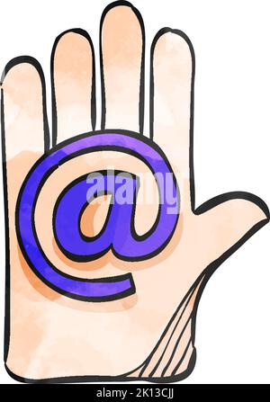 Hand with email icon in watercolor style. Stock Vector
