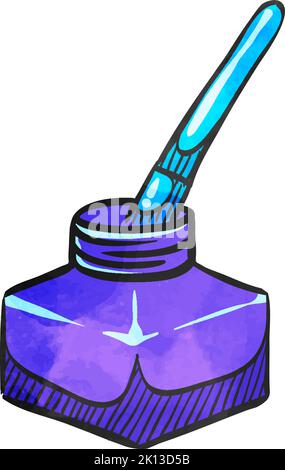 Ink pot icon with brush in halftone style. Grunge background vector ...