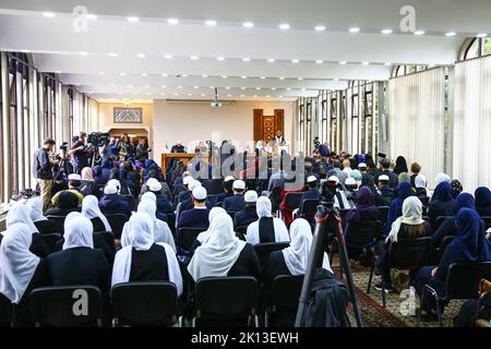 London, UK. 15th Sep, 2022. (participating school children and attendees signed released forms) Muslims from around the country come together to remember her Majesty and celebrate the accession of King Charles III.  Speeches, prayers and thoughtful songs by the choir of Olive School Hackney set the mood to remember her Majesty. Credit: Imageplotter/Alamy Live News Stock Photo