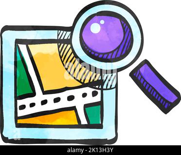 Road map icon with loupe  in watercolor style. Stock Vector