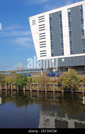 The Decks flats fitted with HPL cladding, promenade , Runcorn old town, Halton, Cheshire, England, UK, WA7 1GG Stock Photo