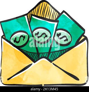 Money envelope icon in watercolor style. Stock Vector