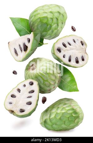 Custard apples or cherimoya fruits and slices of fruit on white background. File contains clipping paths. Stock Photo