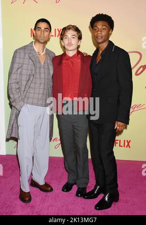 HOLLYWOOD, CA - SEPTEMBER 14: (L-R) Rish Shah, Austin Abrams and Jonathan Daviss attend a special screening of Netflix's 'Do Revenge' at TUDUM Theater Stock Photo