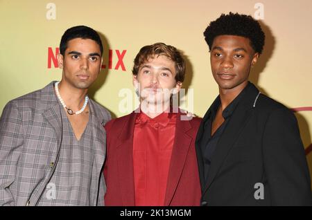 HOLLYWOOD, CA - SEPTEMBER 14: (L-R) Rish Shah, Austin Abrams and Jonathan Daviss attend a special screening of Netflix's 'Do Revenge' at TUDUM Theater Stock Photo