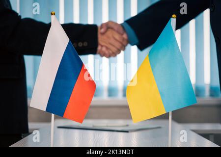 negotiations in diplomacy or business. Communication between representatives of the countries of Ukraine and Russia. negotiations of diplomats, conclu Stock Photo