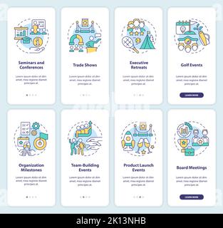 Types of corporate events onboarding mobile app screen set Stock Vector