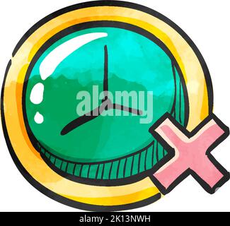 Clock with cross sign icon in watercolor style. Stock Vector
