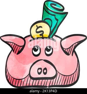 Coin piggy bank icon in watercolor style. Stock Vector