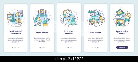 Corporate events types onboarding mobile app screen Stock Vector