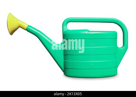 Green plastic garden watering can isolated on white Stock Photo