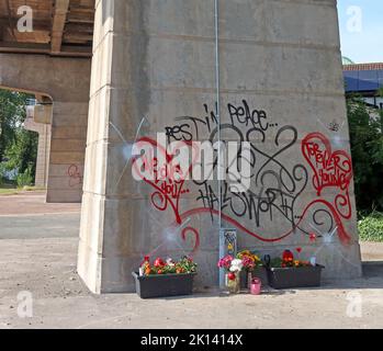 Memorial, for Alex Conrad Hallsworth, under the Runcorn Bridge, RIP 25122021, Lord St, Runcorn, Halton, Cheshire, England, UK, WA7 1HF Stock Photo