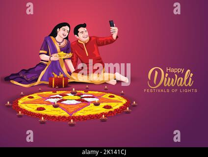 Indian family celebrate Diwali festival background with decorated Rangoli and Diya. vector illustration design. Stock Vector