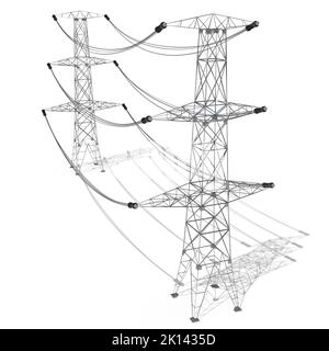 Electricity pylons isolated on white background - power, current concept - 3D illustration Stock Photo