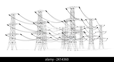 Electricity pylons isolated on white background - power, current concept - 3D illustration Stock Photo