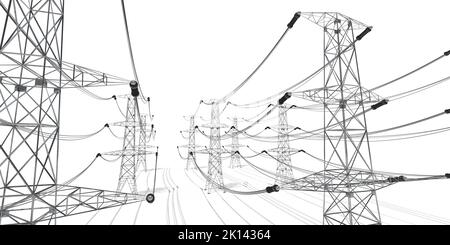 Electricity pylons isolated on white background - power, current concept - 3D illustration Stock Photo