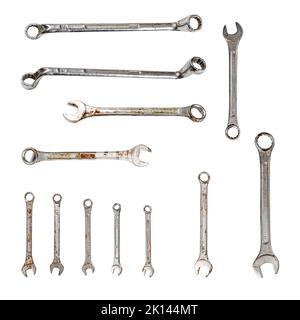 Old wrenches and ratchet  isolated on white background. Stock Photo