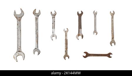 Old wrenches and ratchet  isolated on white background. Stock Photo