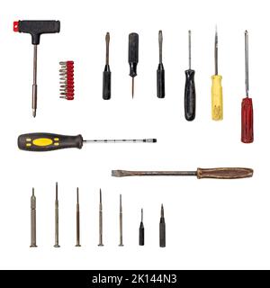 Collection of old rusty screw driver isolated on white background Stock Photo