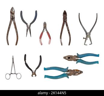 Collection of used pliers isolated on white background Stock Photo