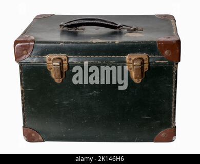 Vintage Toy Sewing Machine Box with handle isolated on white Stock Photo