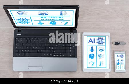 Ai concept shown on different information technology devices Stock Photo