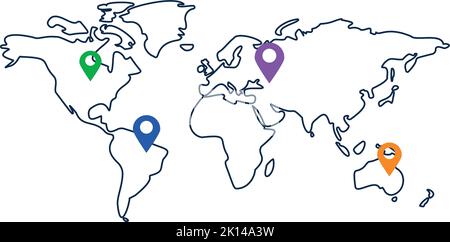 World map with geo pins. Worldwide destination points Stock Vector