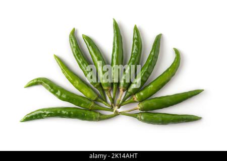 green chillies arranged on white background, common vegetable used for their spicy taste Stock Photo