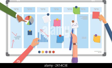 Business strategy board with human hands. Team work plan Stock Vector