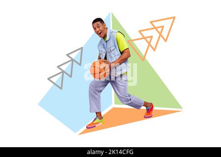 Collage 3d image of pinup pop retro sketch of active excited sporty young man playing basketball star hobby leisure teamwork coach trainer Stock Photo