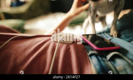 Girl caresses the dog while powerbank charging her smartphone. Stock Photo