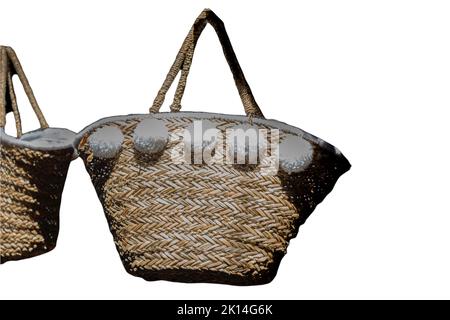 Handmade. Empty wicker basket isolated on white.  Straw handmade container. Empty basket, Stock Photo