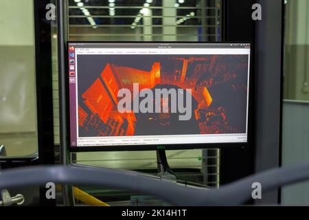Detroit, Michigan, USA. 14th Sep, 2022. A display screen in a self-driving bus shows what the vehicle's software sees around it. The bus, on display at the North American International Auto Show, is powered by Adastec software The bus is currently in use at Michigan State University. Credit: Jim West/Alamy Live News Stock Photo