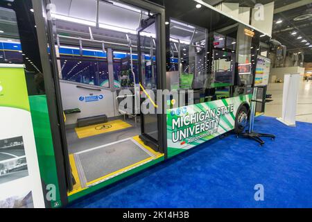 Detroit, Michigan, USA. 14th Sep, 2022. An self-driving bus powered by Adastec software on display the North American International Auto Show. The bus is currently in use at Michigan State University. Credit: Jim West/Alamy Live News Stock Photo